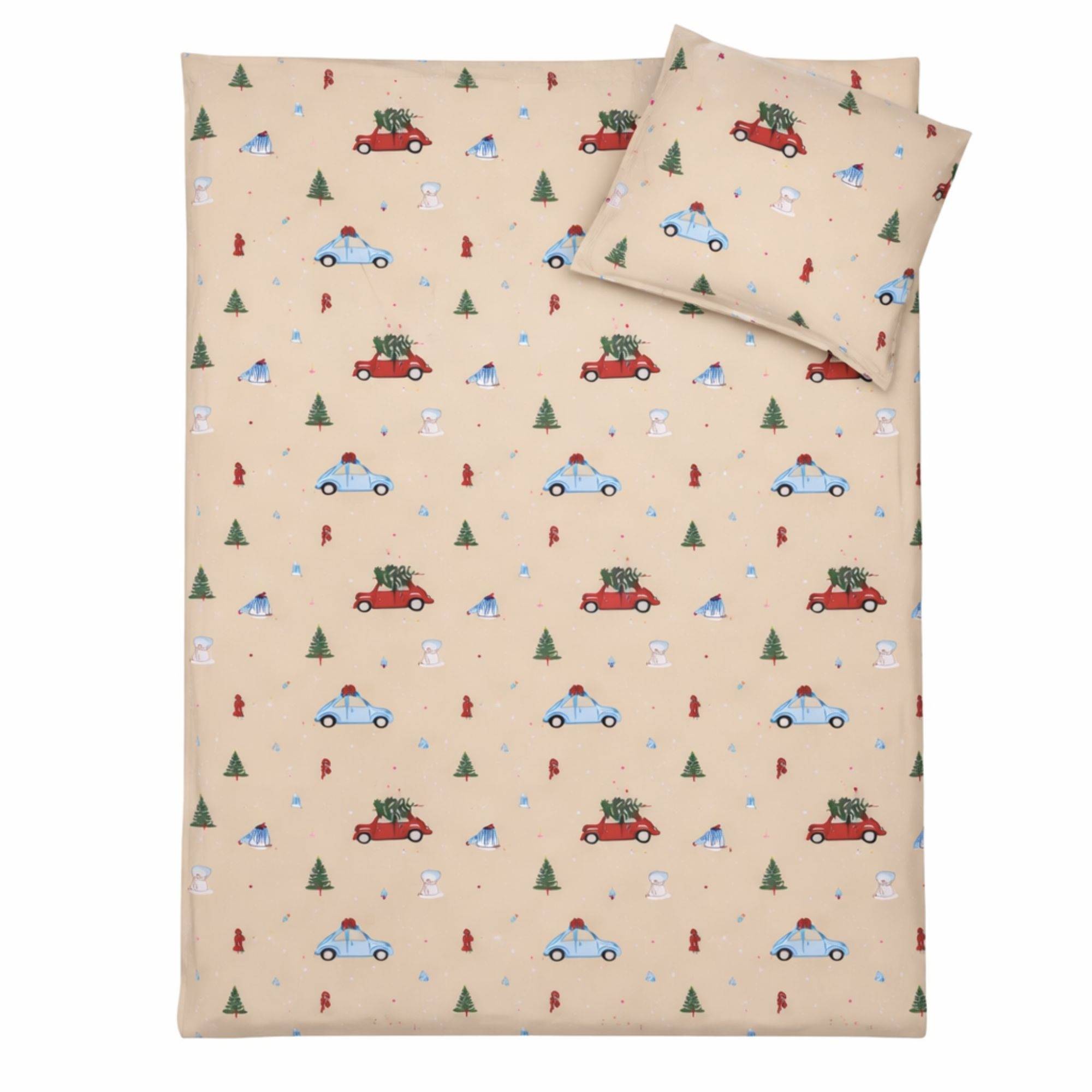 Julesengetøj - 100% bomuld - Babysengetøj 70x100 cm - Beige med biler og juletræer