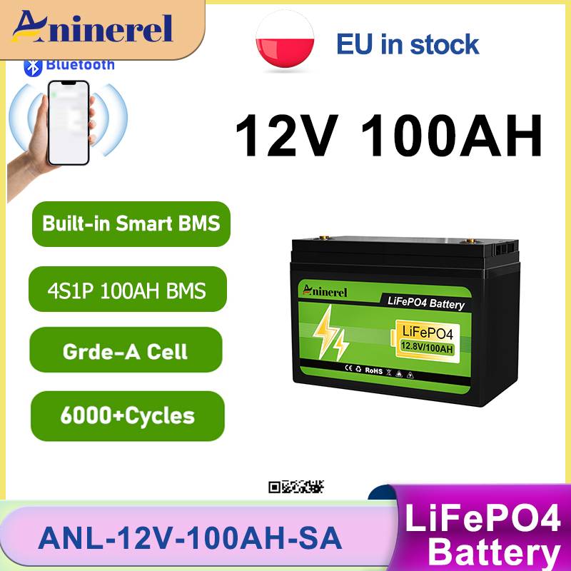 Aninerel 12V 100AH LiFePO4 Battery 100AH Solar Phosphate Battery Portable Rechargeable Battery For Golf Cart Built-in BMS Bluetooth