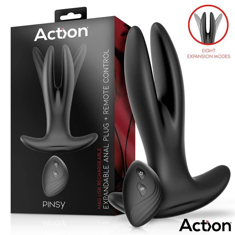 Action Pinsy Expandable Anal Plug with Remote Control Black - svart