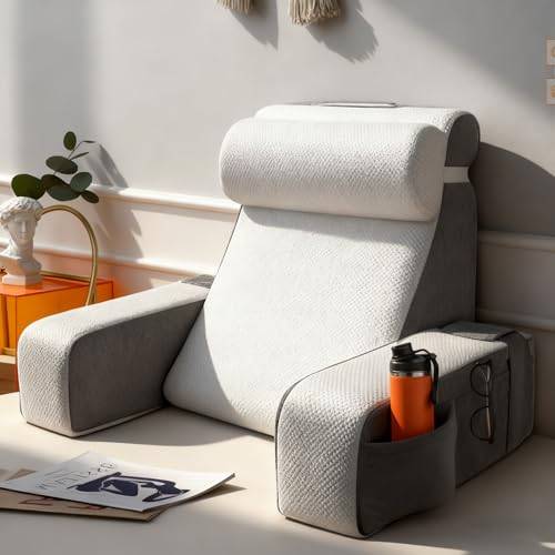 Groß Lesekissen mit Abnehmbarer Nackenrolle & Armlehne, Rückenkissen Bett, Ergonomisches Rückenkissen Rückenlehne Kopfkissen mit Arm & Tasche & waschbarem Bezug für Lesekissen zum Lesen, Fernsehen