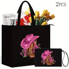 TEMU [vmi] Special Fund 887 Hats And Boots Element 2pcs Printed Handbag Set Lightweight Linen Shopping Bag Portable Travel Beach Bag With Makeup Bag