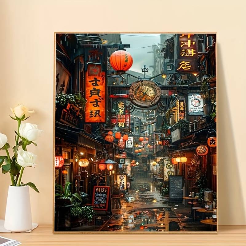 Professional Art Use, 1pc Adult Beginner Diy Paint By Numbers Kit, Art Gift: A Vintage-style Chinese Old Street Under Neon Lights On A Rainy Night | 40x50cm/15.7x20 Inches, Unframed