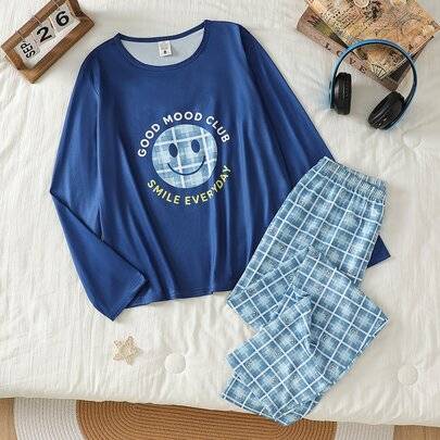 Casual 2-delat loungewear-set för tonårspojkar med grå bas, TIGER-print, långärmad topp och långa byxor - Marinblå (14Y,13Y,16Y,15Y)