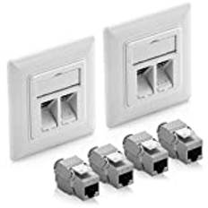 deleyCON 2x Keystone-Kontakt Nätverkskontakt Infälld Datakontakt + 4x CAT 6a Keystone Jack-Modul RJ45 Uttag - CAT Nätverk Installation Kabel Helt Skärmad Vit