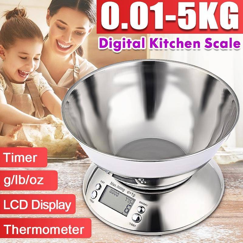 Ny 5 kg/1 g digital köksvåg med klocka, temperaturvisning, elektronisk våg, matvåg, köksvåg i rostfritt stål