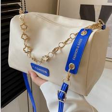 Spring New Arrivals,Contrast Color Shoulder Bucket Bag 1 Piece PU Fabric Color Matching Shoulder Bag With Metal Chain Decoration Travel, Shopping, Dat - Blue and White - one-size