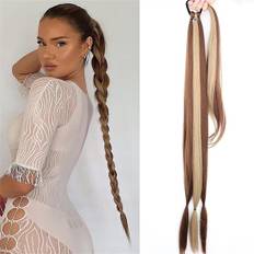 Flettet Hestehale Hår Extensions med Hårklemmer, 76 cm Lang Flettet Hestehale Hår Extensions Lige Wrap-Around Syntetiske Parykker til Kvinder
