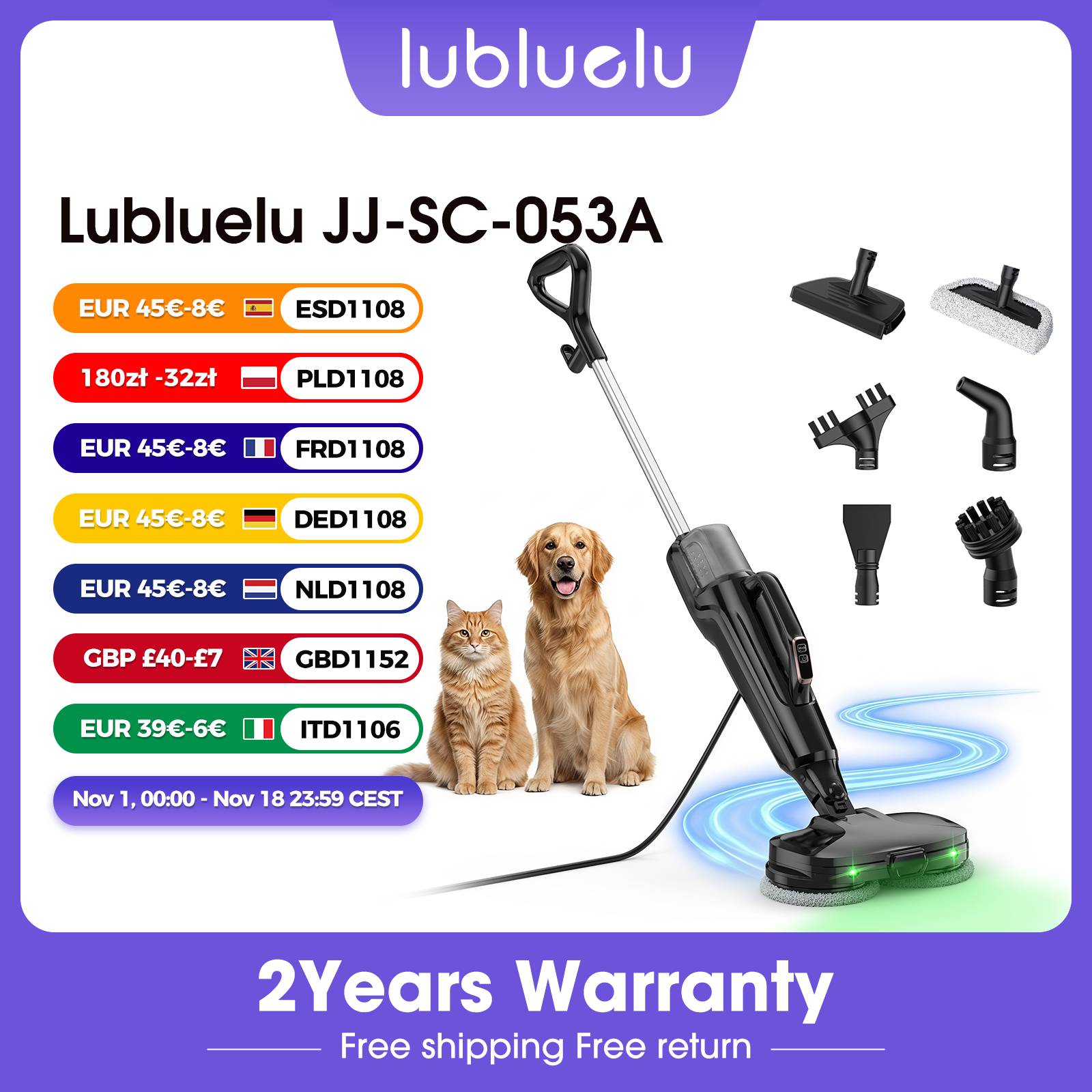 Lubluelu 1580W 6 in 1 Steam Mop Steam Cleaner Steam Broom Cleaner Electric Steam Mop Removes Stubborn Stains with 500ML Tank Efficient And Effortless Cleaning with Hot Steam Lighting Function for Home