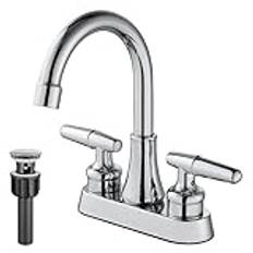 Polished Chrome Bathroom 4 Inch Sink Faucet 2 Handle 360° Degree Swivel Spout Modern Deck Mount Mixer Tap with Pop up Drain Lavatory Bathroom Vanity Faucets