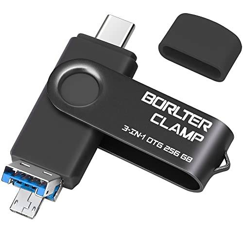 256 GB USB 3.0 flash-enhet 3-i-1 fotominne för Android-mobiltelefoner, BORLTER CLAMP OTG-minne med 3 USB-portar (USB C, microUSB, USB-A) för Samsung Galaxy, surfplatta, PC och mer (svart)