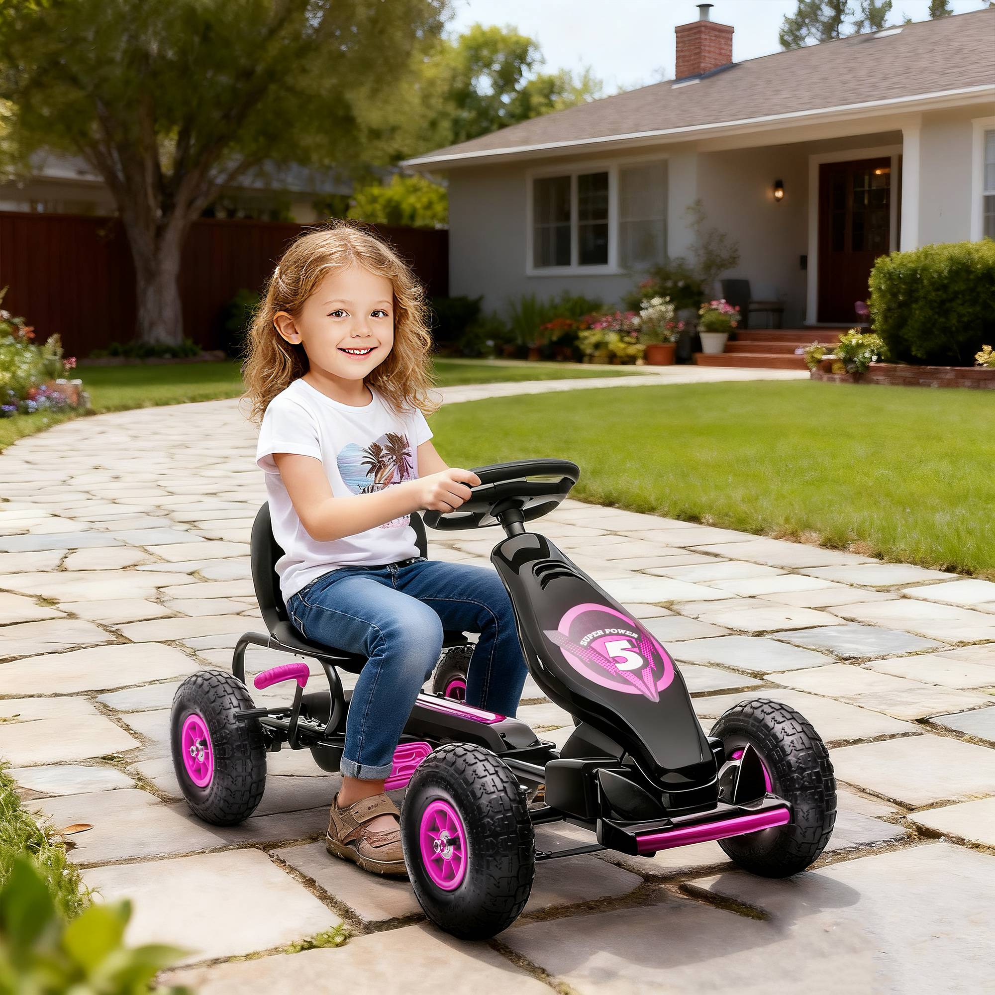 Gokart, Børnebil med Justerbart Sæde, Pedalbil med Gummidæk, Pedal og Håndbremse, Kettcar til 5-12-årige, Udendørs, Pink.