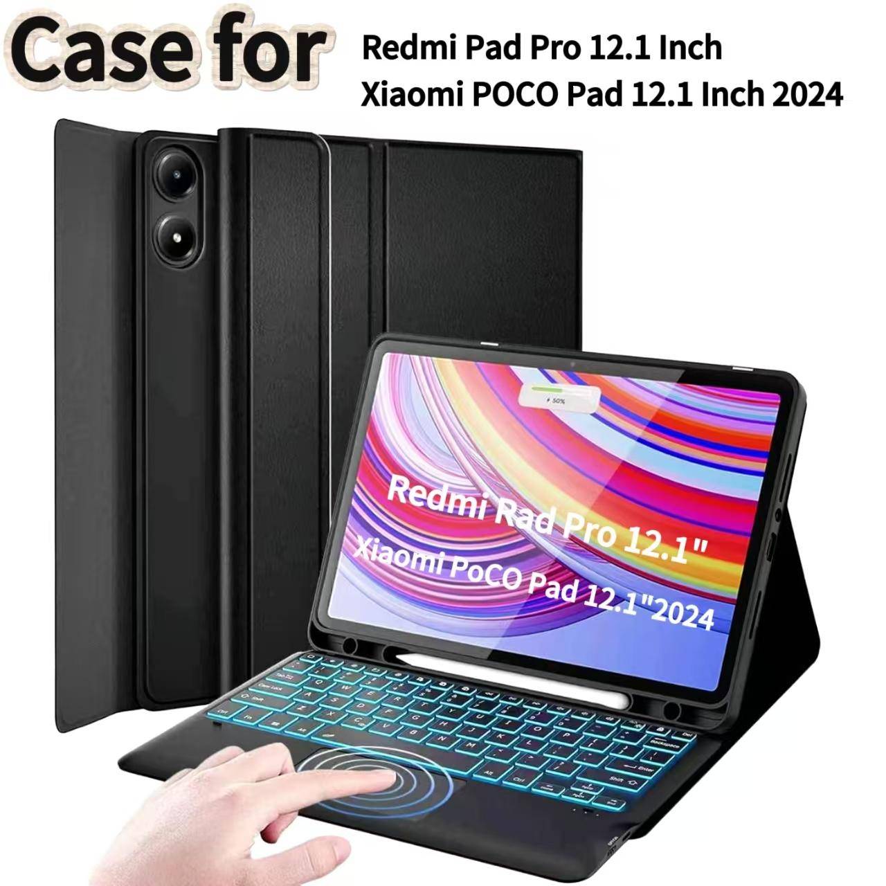 Fodral för Redmi Pad Pro 12,1 tum, Bluetooth-tangentbordsfodral för POCO Pad 12,1 tum Trådlöst avtagbart tangentbordsfodral
