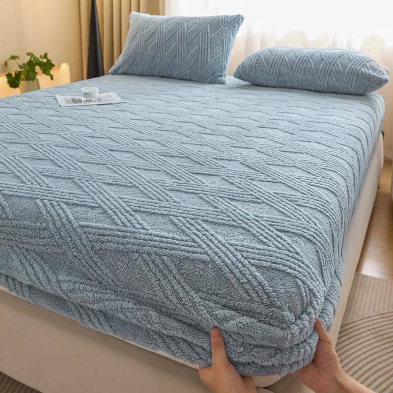 Warm Fleece Elastic Fitted Bed Sheet Thermal Winter Sheet Bedspread on the Bed Mattress Topper Protector Cover Bedsheet blå