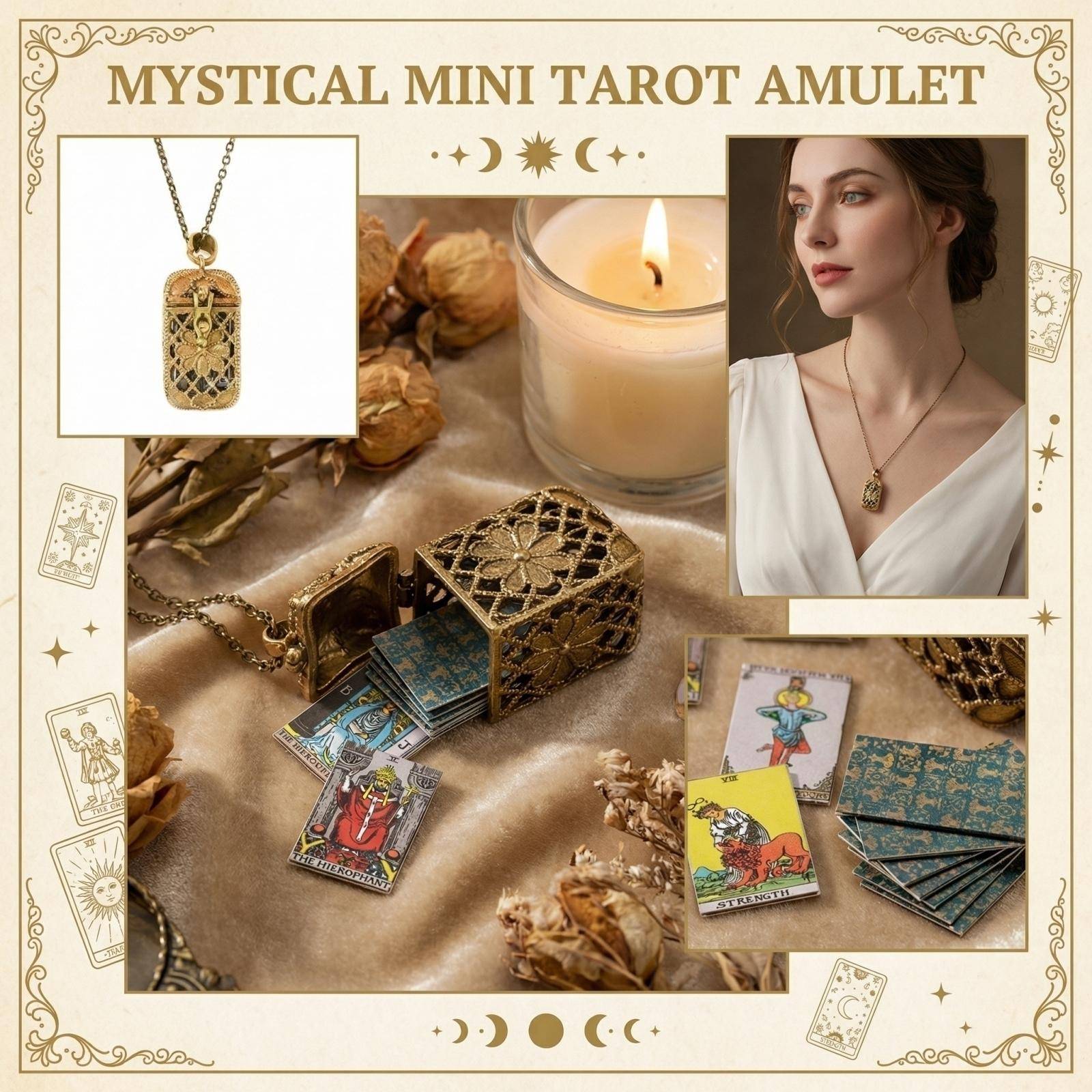 Litet Tarotkort Hängsmycke Halsband med Intrikat Utskuret Mönster och Detaljerad Symbolberlock på Kedja för Kvinnor och Samlare gyllene