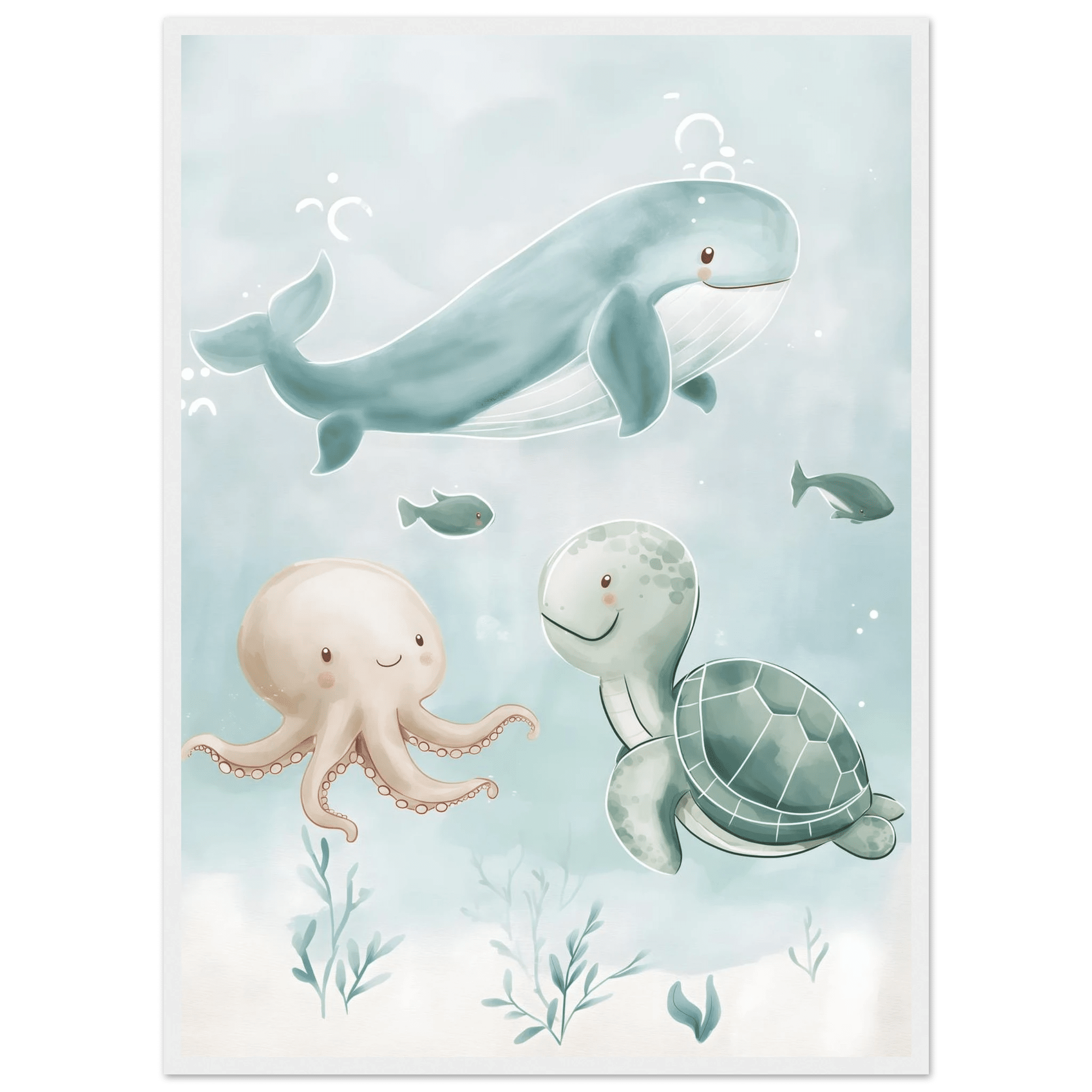Söta havsdjur poster-50x70 cm / 20x28″ / Med ram / Vit