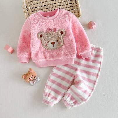 2-delat set för babyflicka med söt tecknad björn, långärmad pullover i fuskpäls med rund hals, elastisk midja och randiga långbyxor, lämpligt för inom - Multifärgad (6-9M,9-12M,12-18M,18-24M,2-3Y,3-6M)