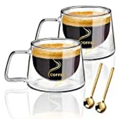 KAMEUN Latte Macchiato-Glas Set Med 2 x 200 ml, Dubbla Väggar Med Handtag Av Borosilikatglas, 2 Kaffeskedar, För Espresso, Te, Latte, Cola, Cappuccinodryck