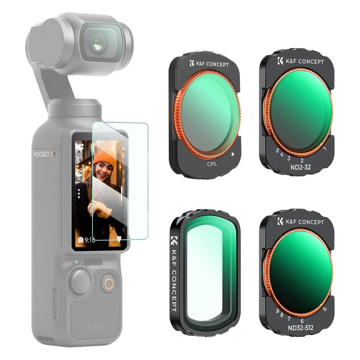 KENTFAITH K&F Concept Magnetic Variable ND&UV&CPL Filter Set Compatible with DJI OSMO Pocket 3 Creator Combo, 4 Pack UV CPL ND2-32 ND32-512 1-9Stops Light Reduction Neutral Density HD Optical Glass Filters