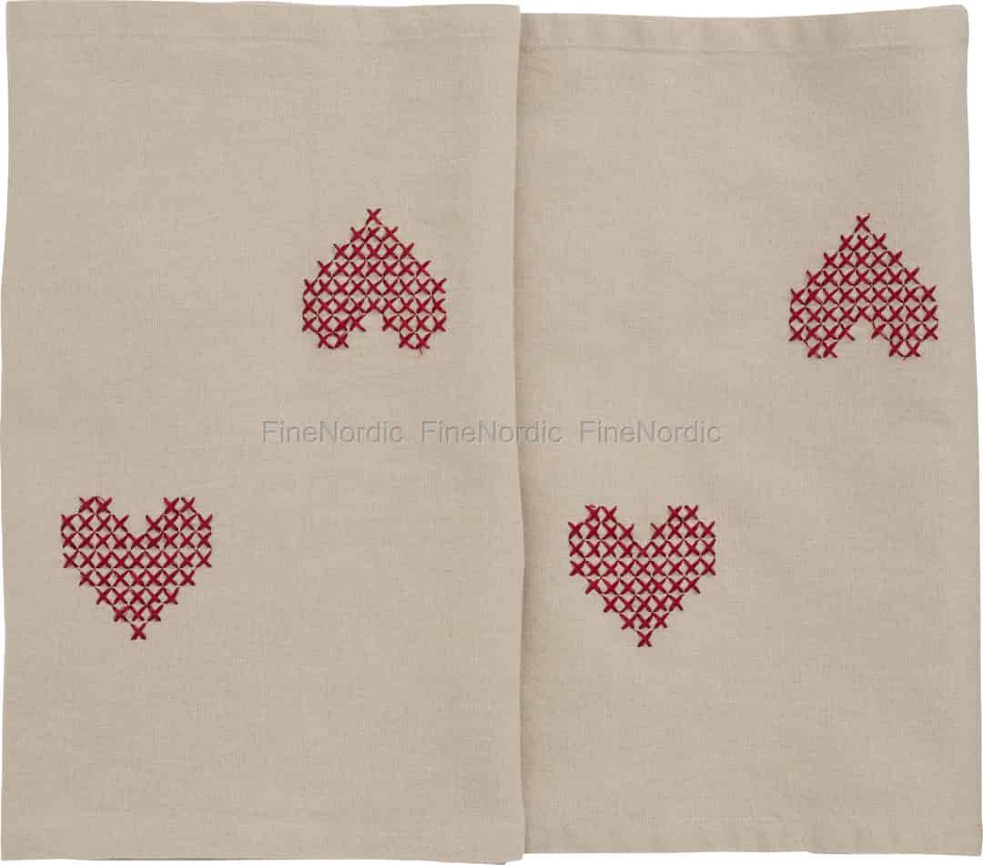 Ib Laursen Table Runner "Tradition" with Red Hearts in Cross Stitching Linen Coloured 30 x 160 cm
