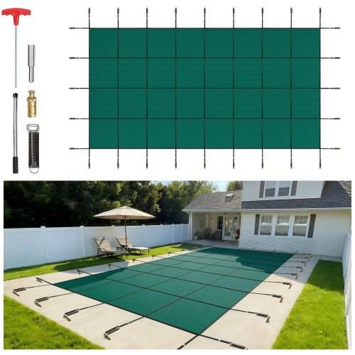 VEVOR Poolsikkerhedsovertræk passer til 6,09 x 12,19 m rektangulære nedgravede pools, sikkerhedspoolovertræk med drænhuller, massivt net-poolovertræk til swimmingpool, vintersikkerhedsovertræk, grøn