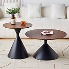 Round Coffee Table Nesting End Table Set of 2, Modern Side Table Wood Tabletop with Cone Carbon Steel Base, Circle Accent Tables,Wood