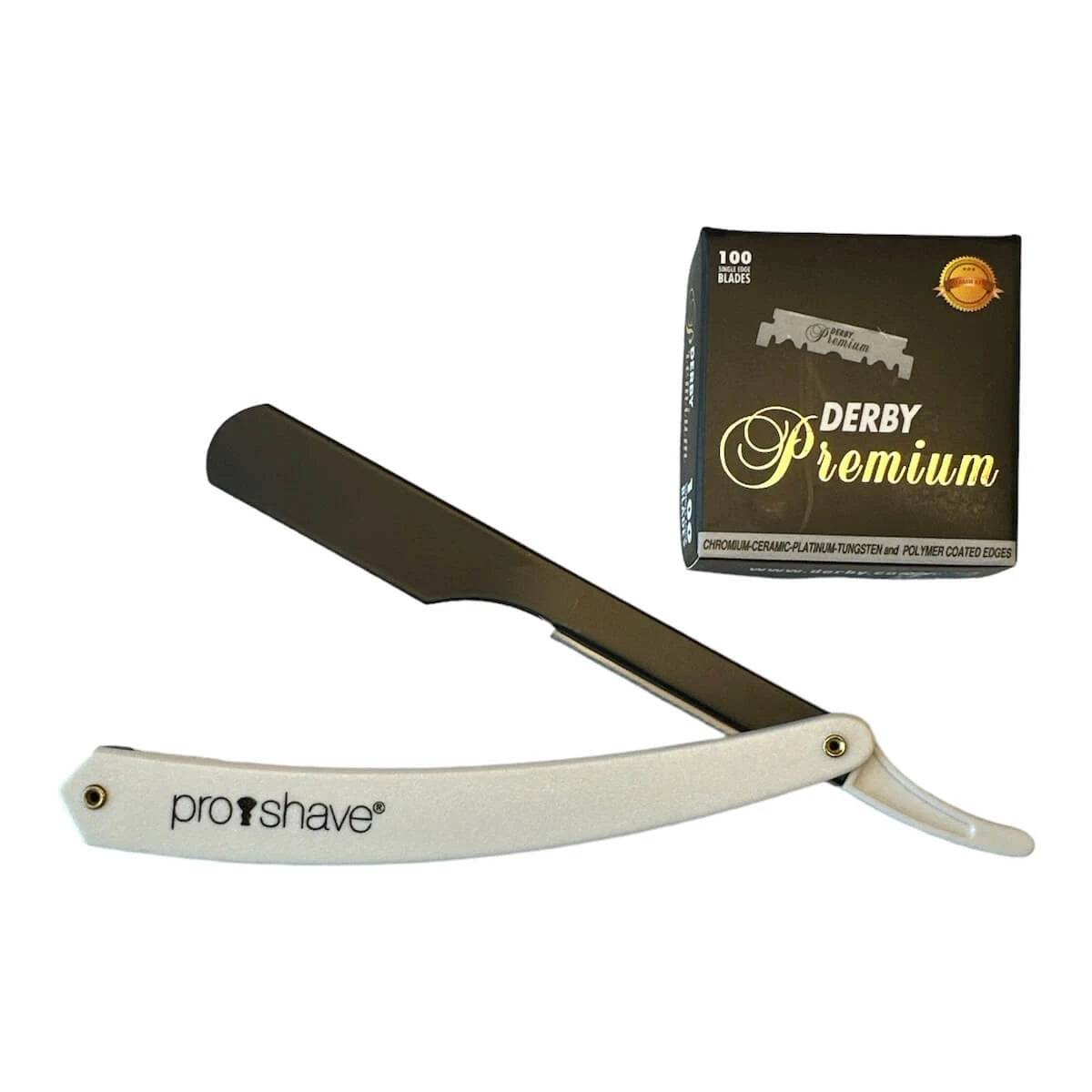 Proshave Straight Razor til udskiftelige blade, P2, Hvid + 100 Derby Klinger.
