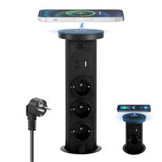 Inbyggt arbetsplan med 3 uttag med 10 W trådlös laddare, eluttag med 1 USB C(PD 20W), 1 USB A (18W), infälld arbetsplan uttag för kontorskök, 2M-kabel
