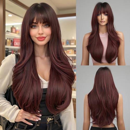 Esmee Långa Ombre Red Peruker för Kvinnor Natuaral Syntetiska Vågigt Lockigt Hår Burgundy Peruk med Fransar för Daglig Fest Cosplay Användning-24 Tum