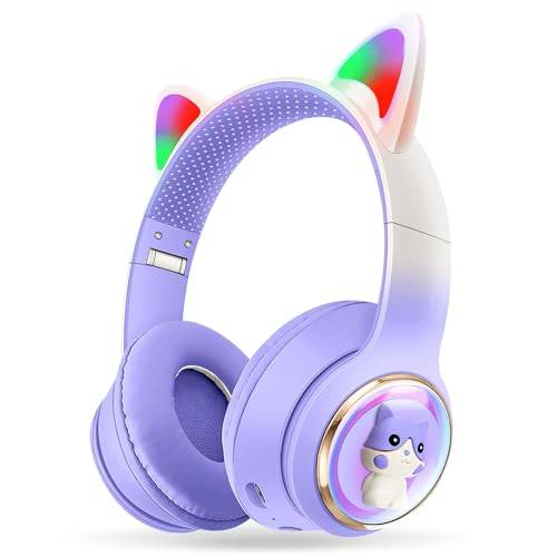AXFEE Bluetooth barnhörlurar, LED kattöron trådlösa hörlurar, lila | Kattöra, Bluetooth-kompatibla 5.3 stereoheadset, vikbara hörlurar för barn över örat för PC telefon iPad arbetsrum resa skola