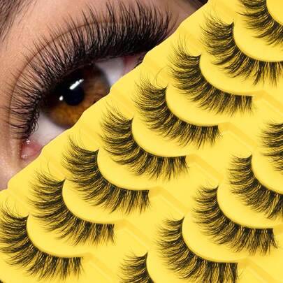 10 par naturliga ryska lösögonfransar med D-curl, transparenta stjälkar, cat eye, utsökta fransremsor med lyftande ögoneffekt för naturlig makeuplook