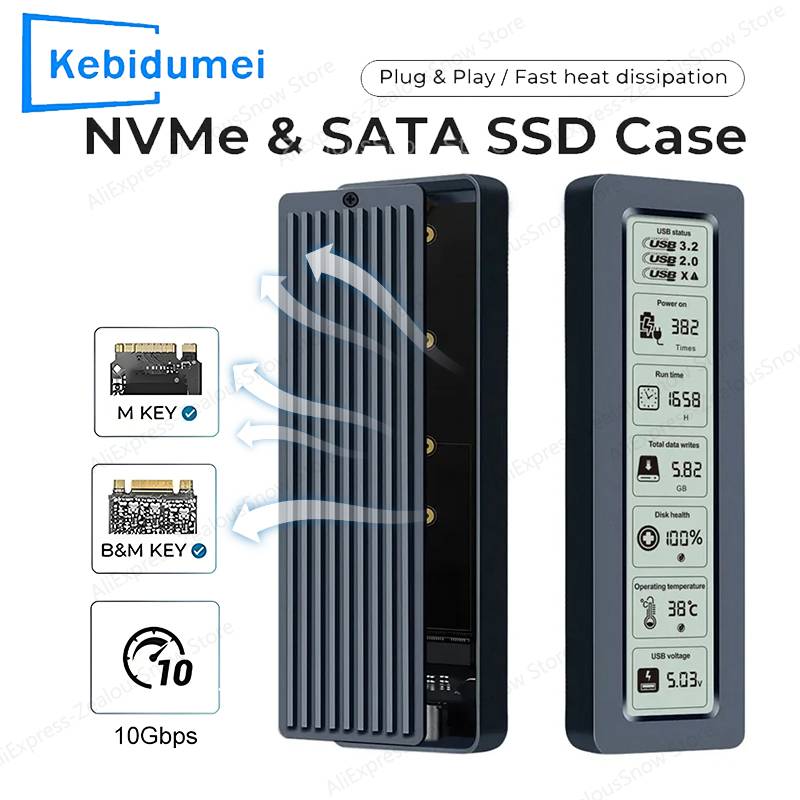 M2 SSD Case M.2 NVMe SATA SSD Enclosure 10Gbps USB3.2 Gen2 Disk Box With Display Screen Intelligent Digital M.2 SSD Enclosure