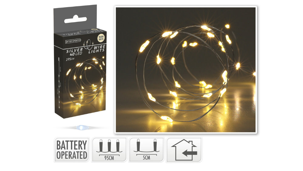 Batteri lyswire - 40 LED - Varm Hvid - Sølv.