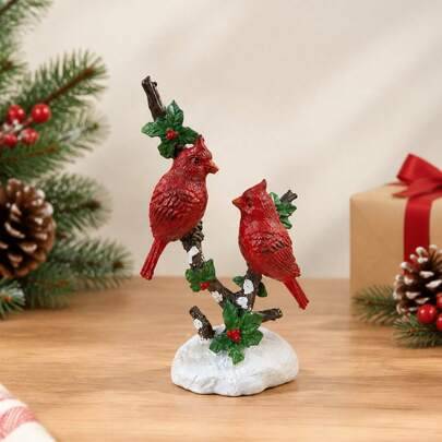 Julset med röda kardinalfågel-figurer i harts, bordsdekoration med snöig järneksgren, juldekoration för hem, spiselkrans, fönsterdisplay och julfest - Multifärgad (Typ A,Avsnitt B,Typ C)
