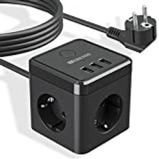 Uttagslist kub USB, multiuttag 3-vägsuttag 3 USB med strömbrytare, kub multikontakt distributionsuttag, stickproppslist med 2m förlängningskabel med strömbrytare för kontor, hem