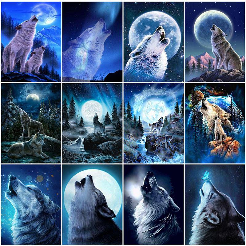 5D DIY-diamantmålning ylande måne Wolf Diamantbroderi korsstygnskit Full strassmosaik Heminredning