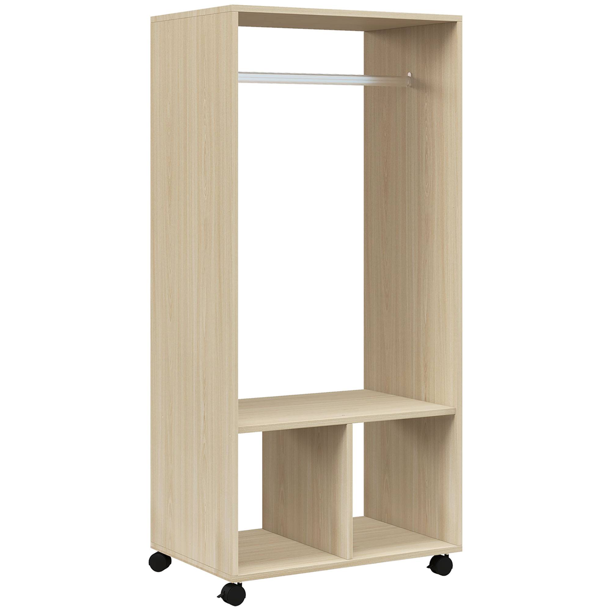 HOMCOM Open Wardrobe on Wheels, Bedroom Wardrobe with Clothes Hanging Rail, 2 Storage Shelves, Mobile Garment Rack for Cloakroom, Hallway, Natural