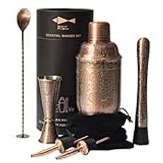 SKY FISH Cocktail Shaker Set | 6-delad bartendersats med 3D-präglad design | professionellt cocktailset för cocktailälskare | antik koppar | handtvätt.