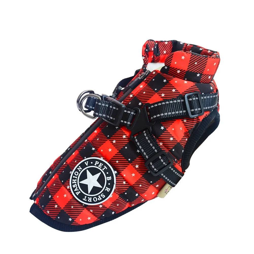 Reflective Fleece Dog Jacket with Integrated Harness - Red Plaid / 4XL-advise 14-21kg / SPC (4XL-advise 14-21kg)