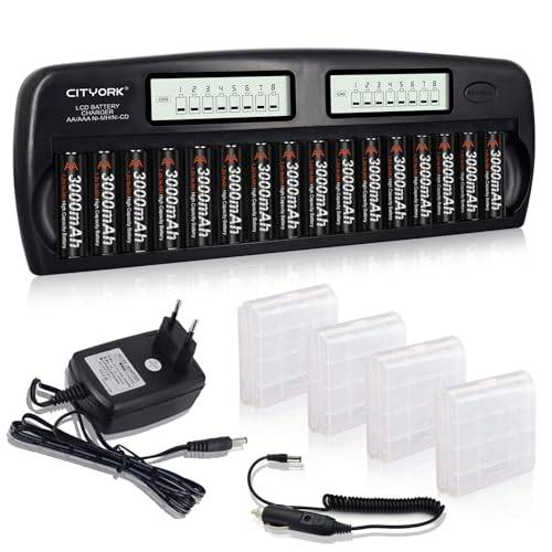 CITYORK sladdlös snabbladdare – integrerat IC-skydd med LCD-skärm – för AA AAA NI-MH-batterier, inkl. 16 x AA 3 000 mAh NiMH-batterier, batteriväska