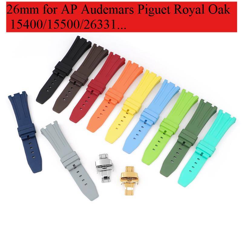 26mm Mjukt FKM Fluorgummi Armband för AP Audemars Piguet Royal Oak 15400/15500/26331 Klockarmband med Rostfritt Stål Fjärilslås grå
