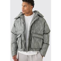 Mens Oversized Boxy Washed Pu Hooded Puffer Coat In Grey