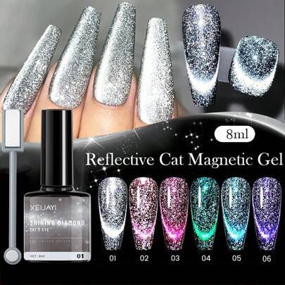 6 st. 8 ml reflekterande glitter cat eye gel nagellack med magnetiskt stift reflekterande, glittrigt, soak-off UV LED - perfekt för gör-det-själv-nage - Multifärgad