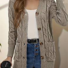 TEMU Women's Elegant V-neck Cable- Cardigan With Front Button Closure & Button-accented Pockets - Machine Washable Autumn Winter Sweater For Casual Or Formal Outfits, Textured Knitwear