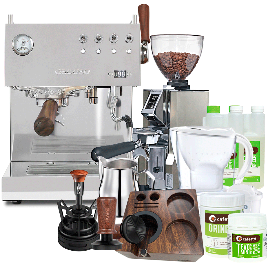 Ascaso Steel Duo Plus Poleret Stål Espressomaskine Inkl. Eureka Mignon Libra 65 Kværn, Baristaudstyr, Vandfilterkande & Pleje
