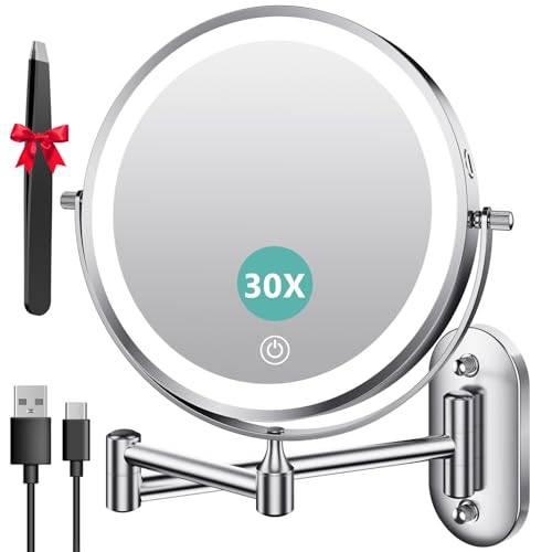 Auxmir Kosmetikspiegel mit Beleuchtung, 1X/30X Wiederaufladbar Schminkspiegel, 3200mAh Rasierspiegel Wandmontage, Dimmbar Vergrößerungsspiegel mit 3 Lichtfarben, 360° Drehbar für Badezimmer und Hotel