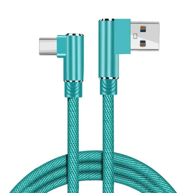 USB-C til USB-A Kabel - Flettet, Begge Stik Vinklet 90°, 3m (Pastel Grøn).