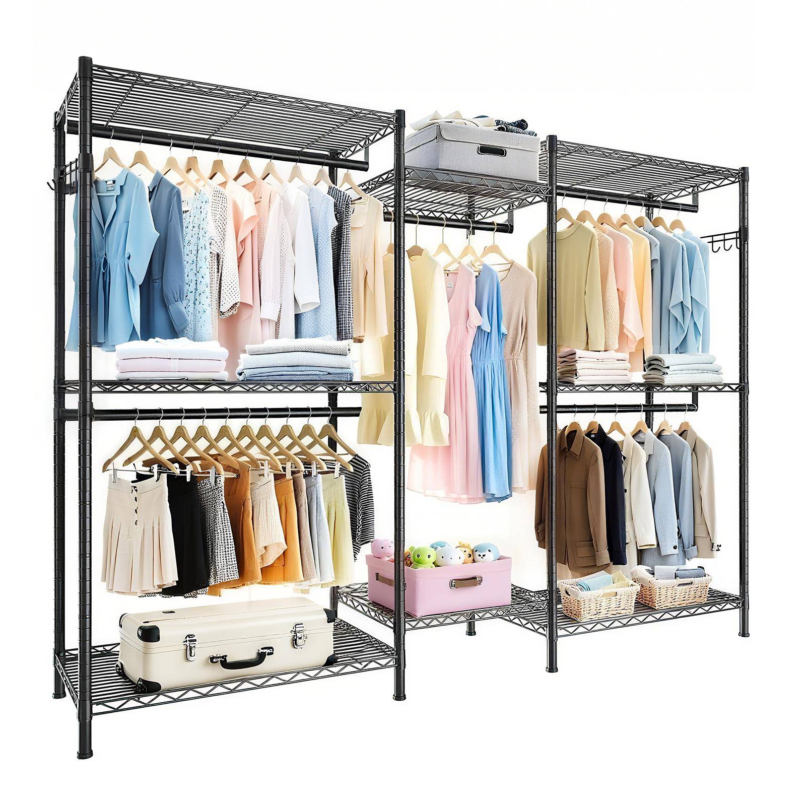 Robust Freestanding Wardrobe Organizer, Adjustable Wire Clothes Rack with 8 Adjustable Wire Shelves and 5 Clothing Rails, Black svart