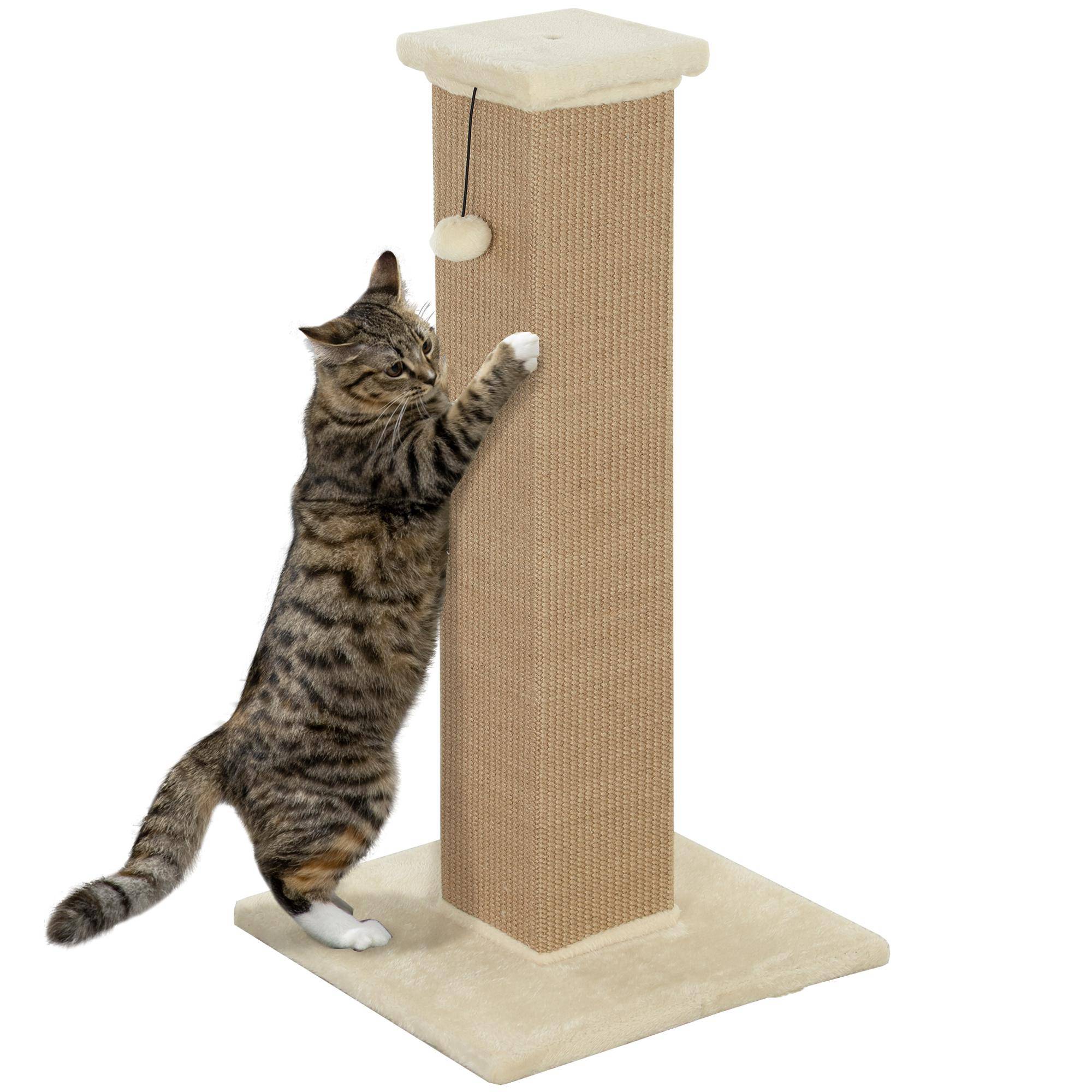 81 cm klösträd för katter, Vertikalt fullständigt klösträd med naturligt jutesnöre, Hängande boll, Mjuk plysch - Beige beige