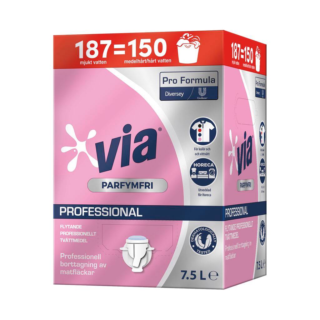 Tvättmedel VIA Professional Parfymfri, kulörtvätt, 7,5L Bag-in-Box (7,5L)