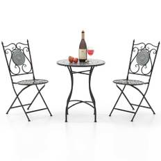 COSTWAY Bistrobord med 2 stolar, mosaikbistroset vikbart, 3-delat balkongset, sittmöbler, trädgårdsdekor, balkongmöbler, trädgårdsmöbler, sittgrupp för trädgård, terrass, balkong (svart-grå)